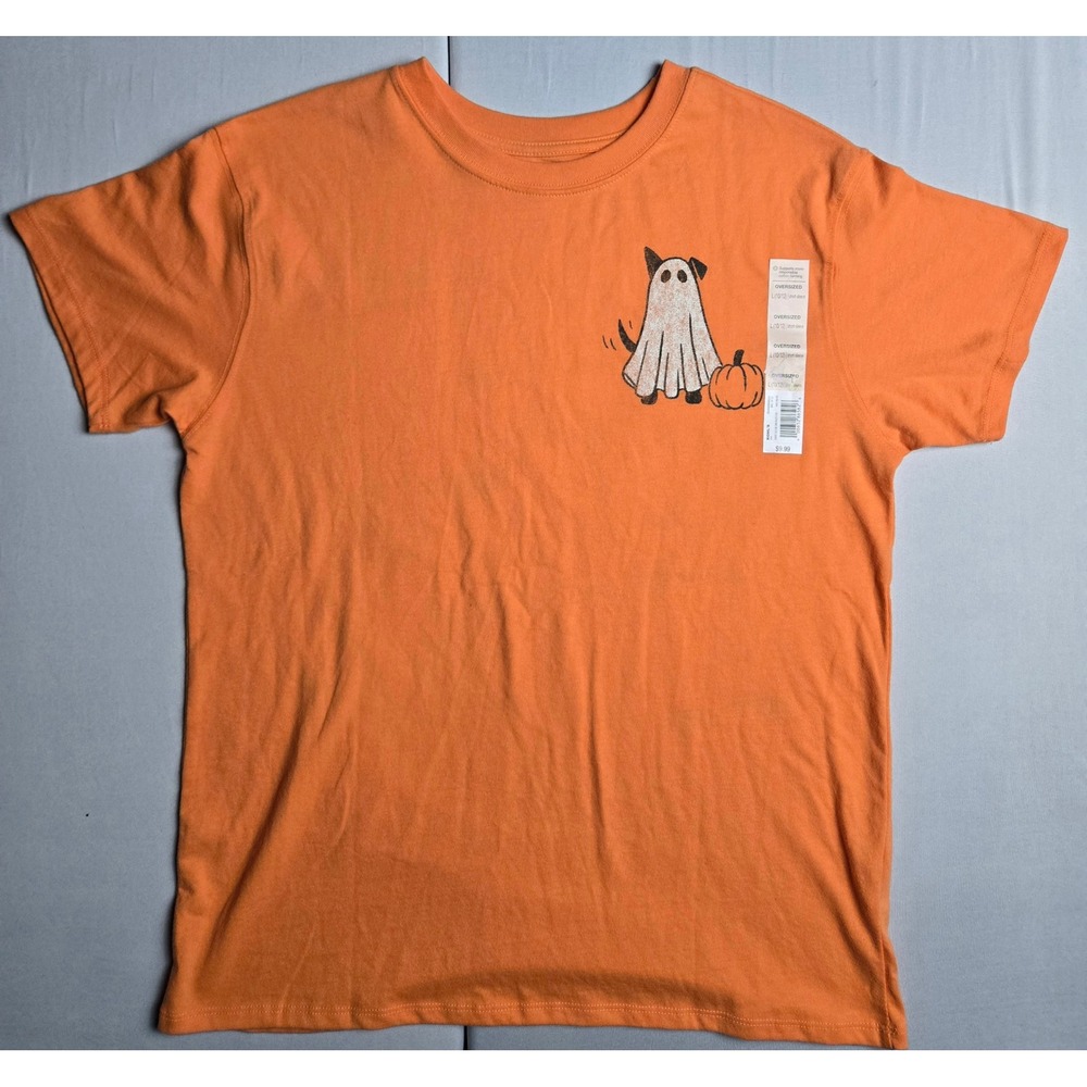 SO Kids Orange Halloween Ghost Dogs Pumpkin Graphic Oversized T-Shirt L 10/12